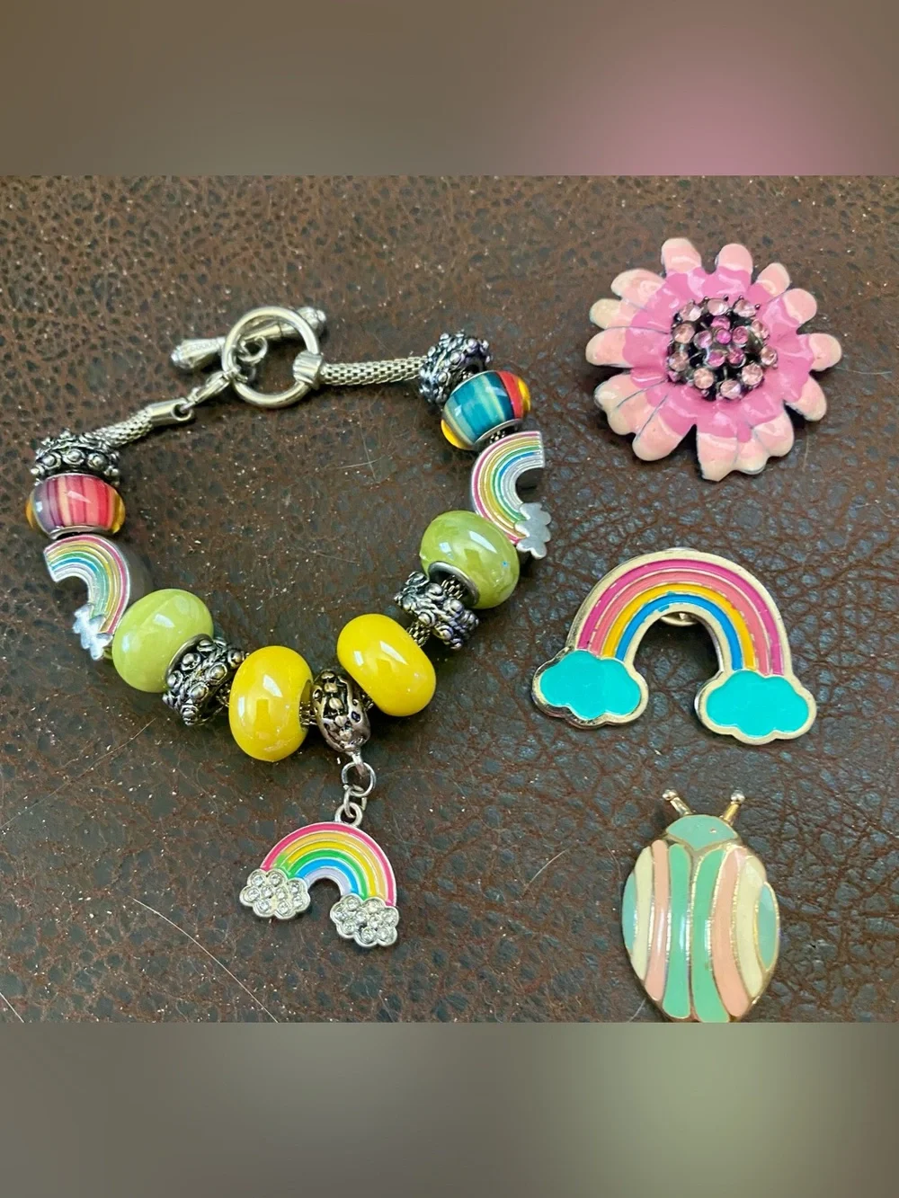 Kids Rainbow Charm Bracelet - Yellow & Lime Beads & pins